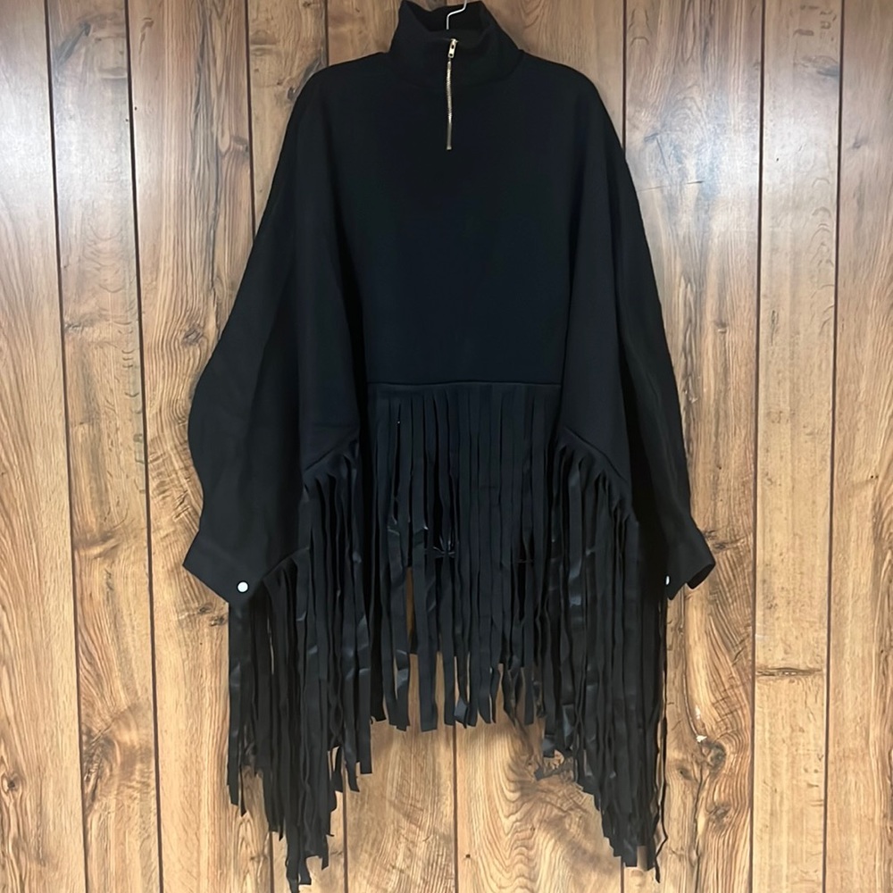 Women’s Black Zippered Shawl with Tassels